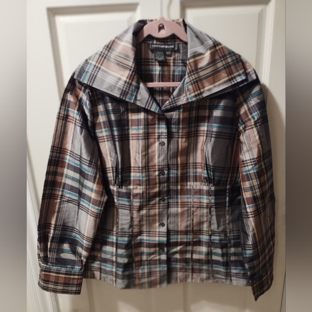 CONTEMPORAINE GRAY, BROWN, BLUE PLAID SILKY LONG SLEEVE SHIRT SZ XXL